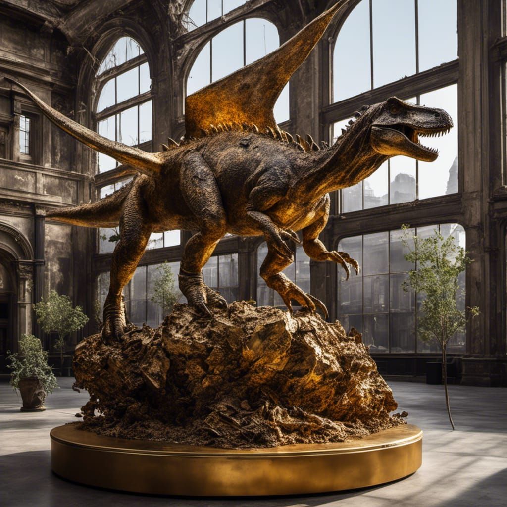 Golden Dinosaur Sculpture in Grunge Style