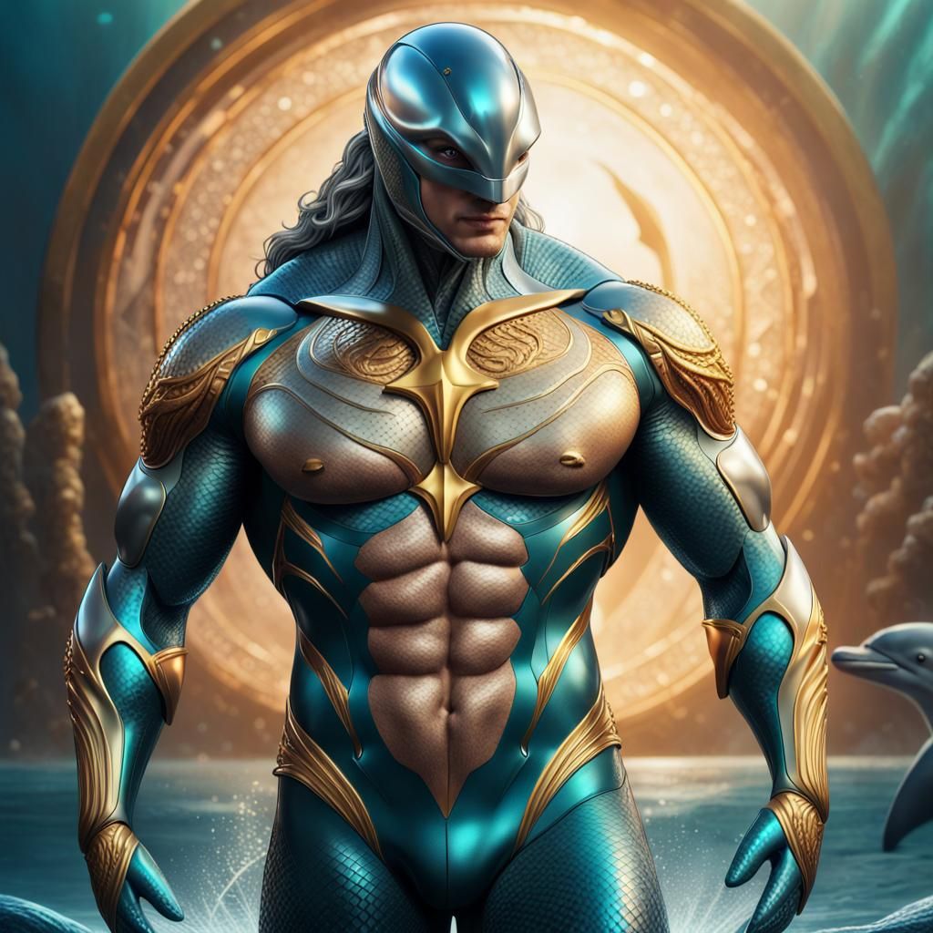 Hyper-Realistic Digital Art of Dolphin-Man in Shimmering Sui...