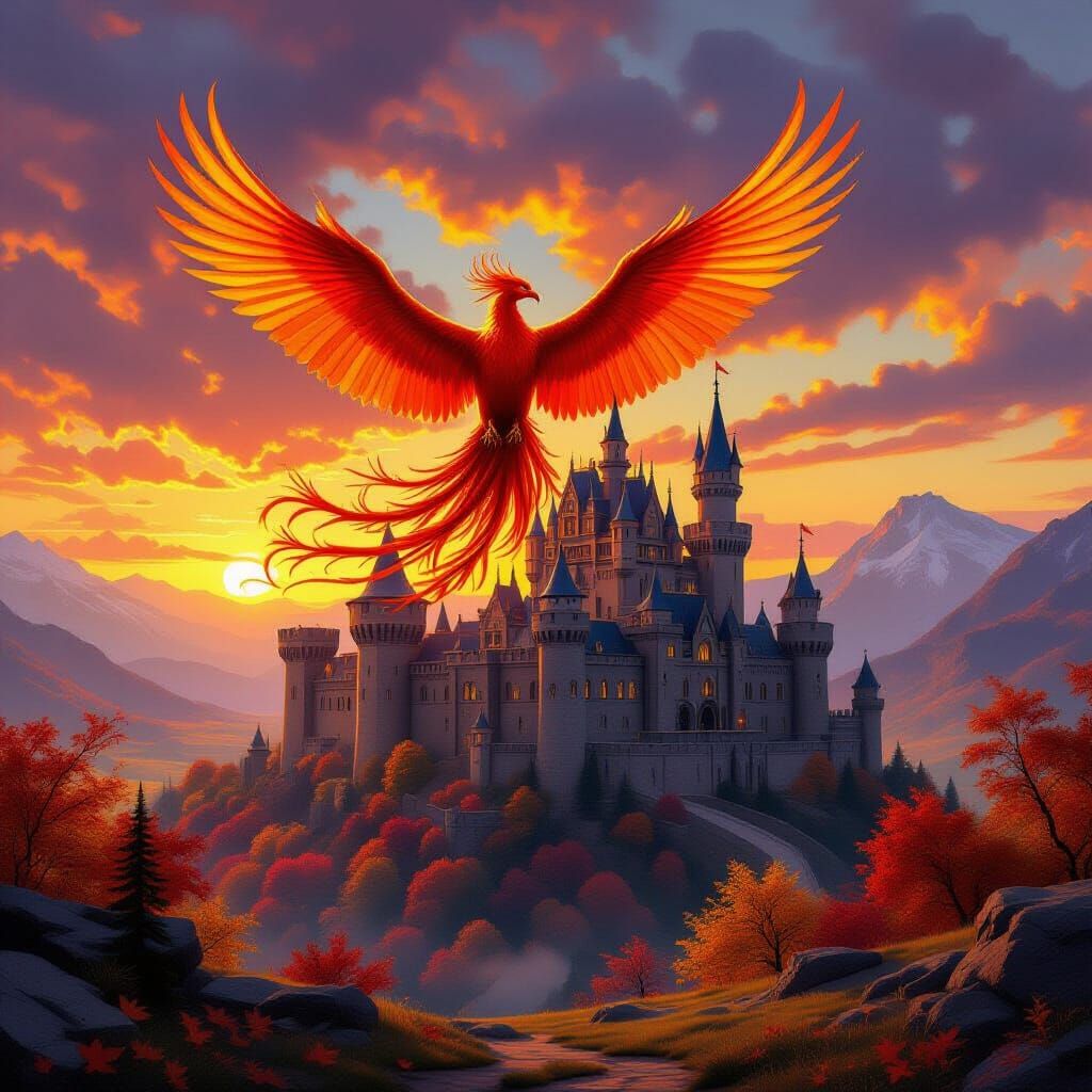 Majestic Castle at Sunset with Fiery Phoenix in Fall