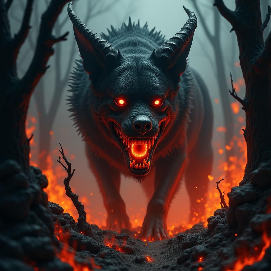 Hellish Demon Dog in Gothic Landscape