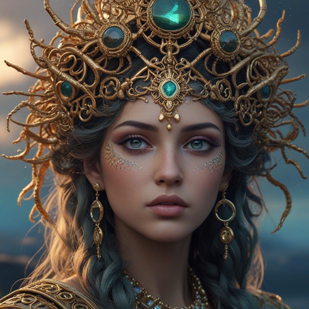 Golden Goddess Emerges from Mystical Clouds in Dreamlike Bea...