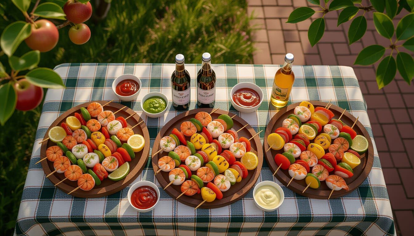 Charming Grilled Seafood Skewers on Plaid Tablecloth