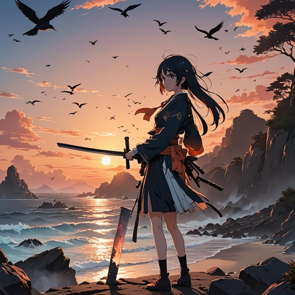 Anime Girl Crying on Shoreline at Sunset