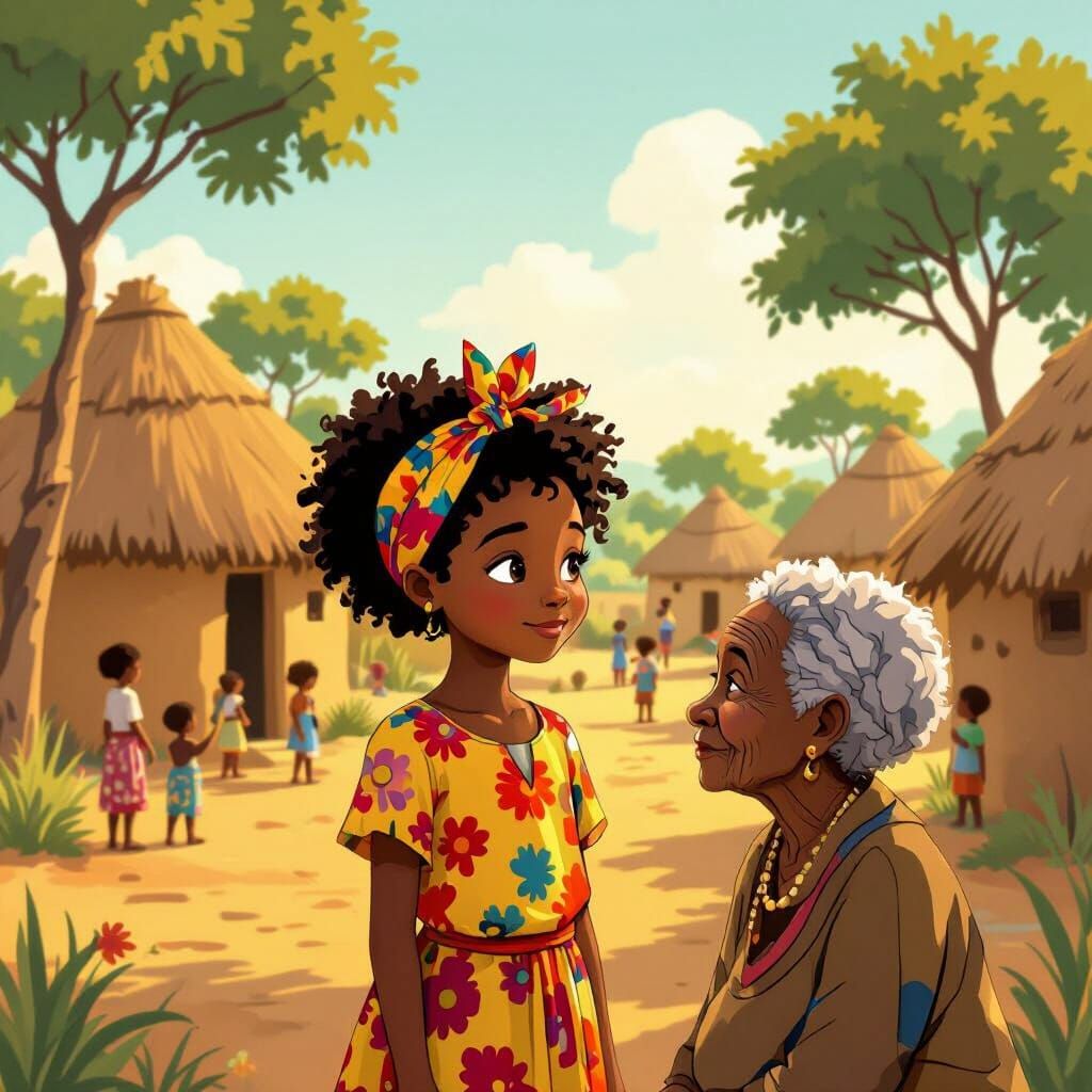 African Girl in Village, Storybook Style