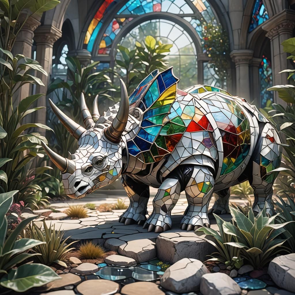 Stained Glass Biomechanical Triceratops in Sci-Fi Setting