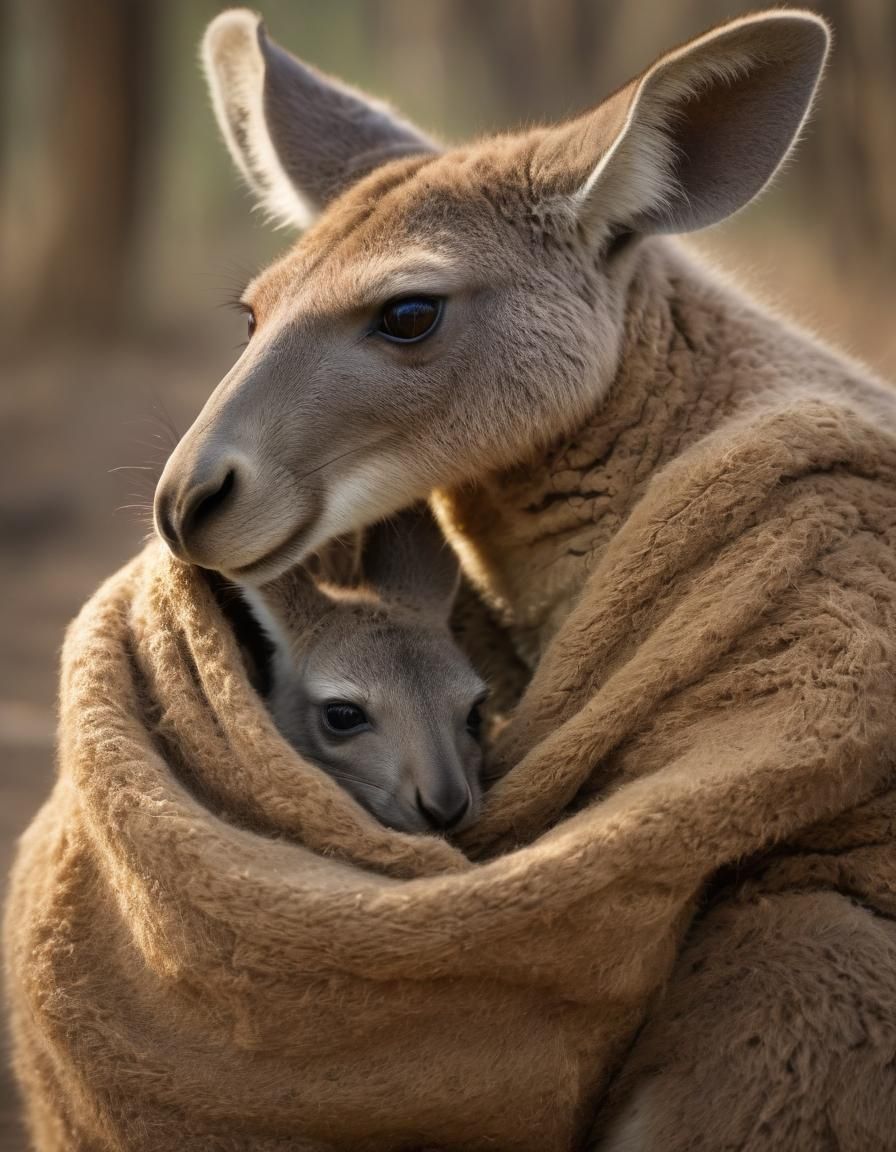 Fluffy Baby Kangaroo in Mother's Pouch
