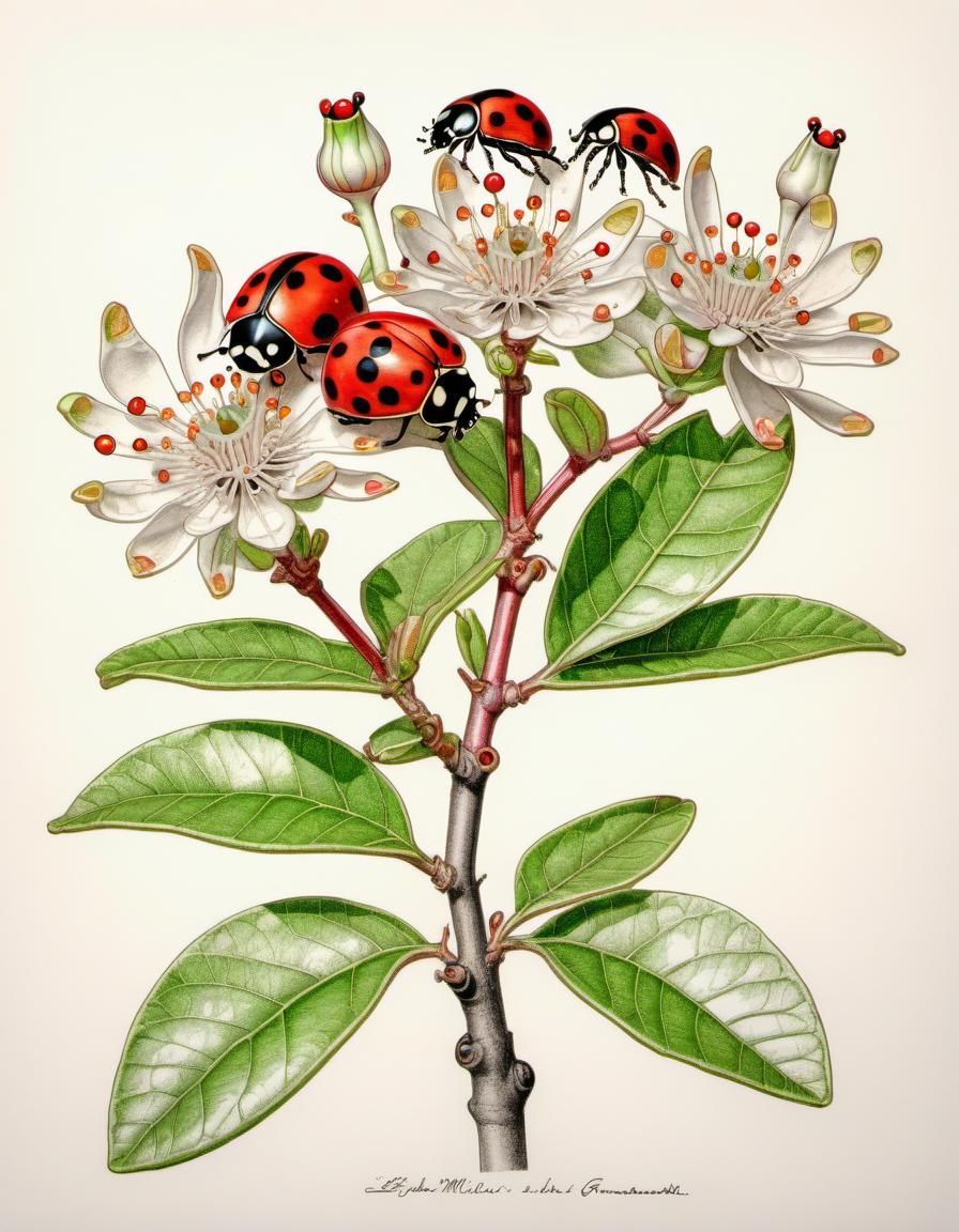 Botanical Ink Drawing of Pomegranate Tree with Ladybug