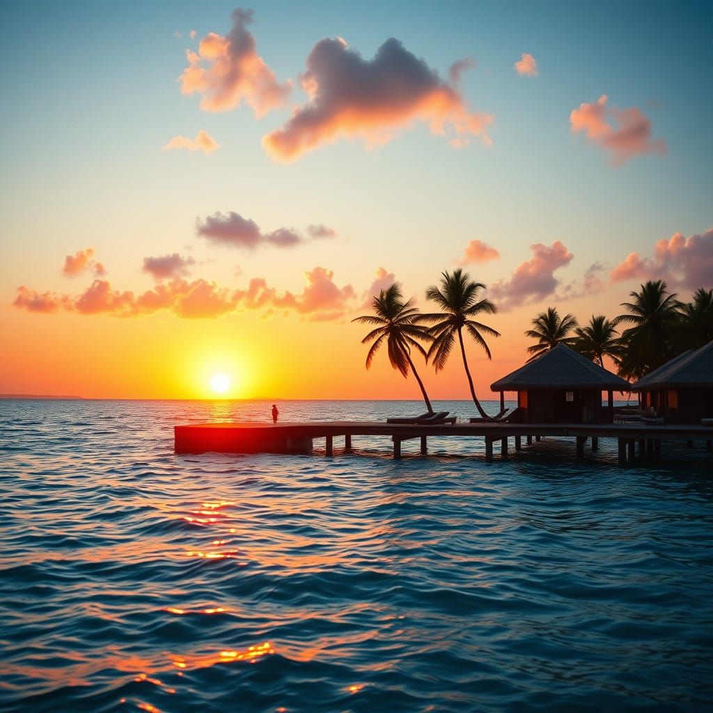 Surreal Maldivian Island at Dusk with Vibrant Sunset