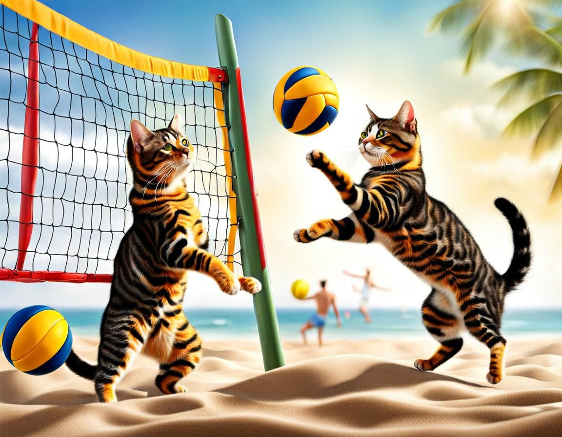 Cats Playing Beach Volleyball in Photorealistic Style