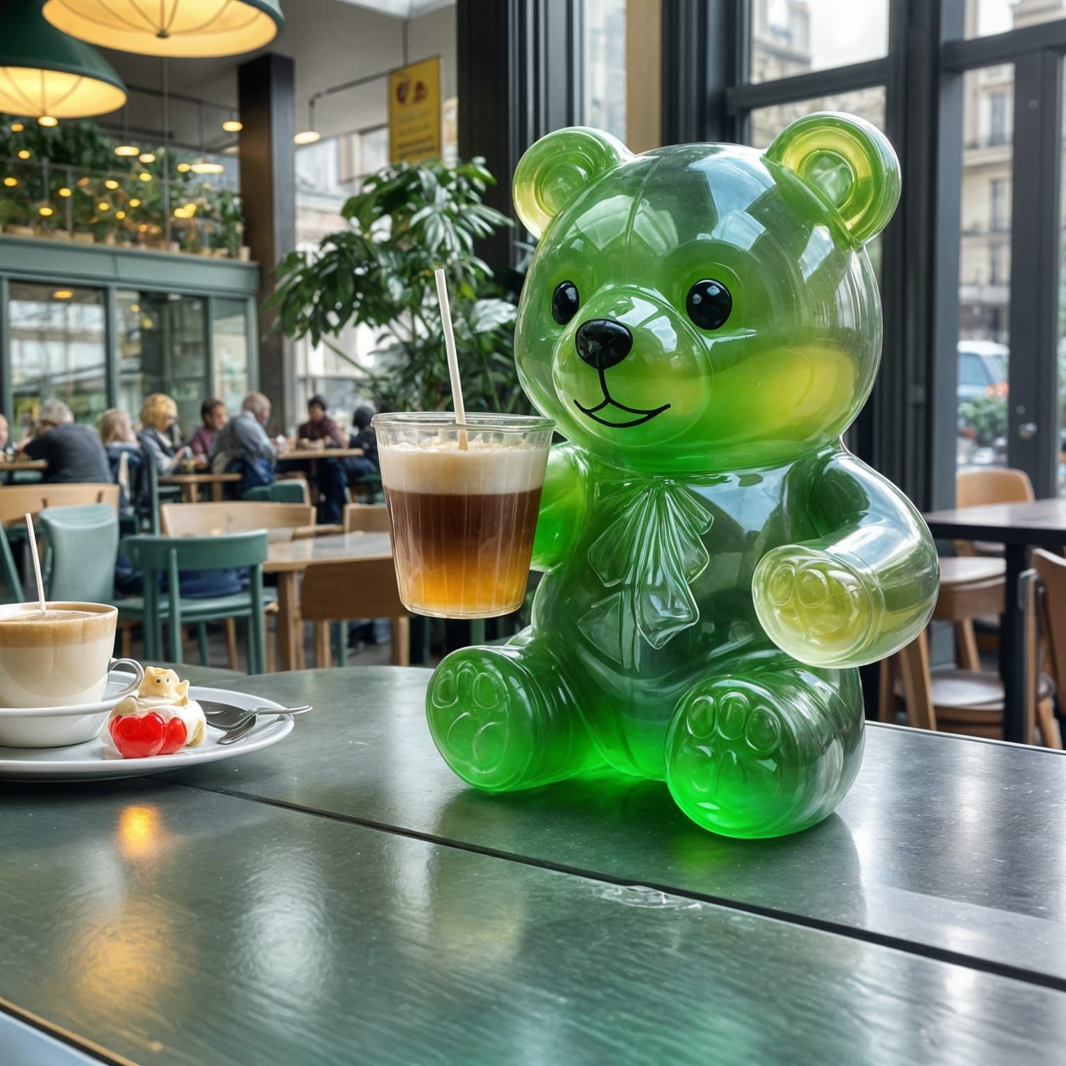 Green Jelly Bear Drinks Coffee in Paris