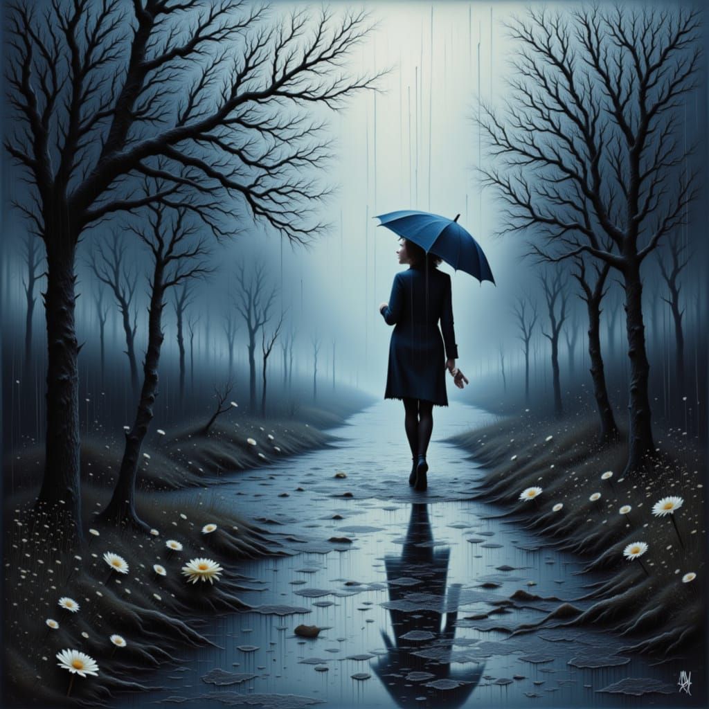 Moody Black and White Rain Scene with Blue Accent