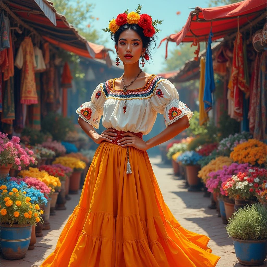 Mexican Woman in Vibrant Market, Bold Brushstrokes