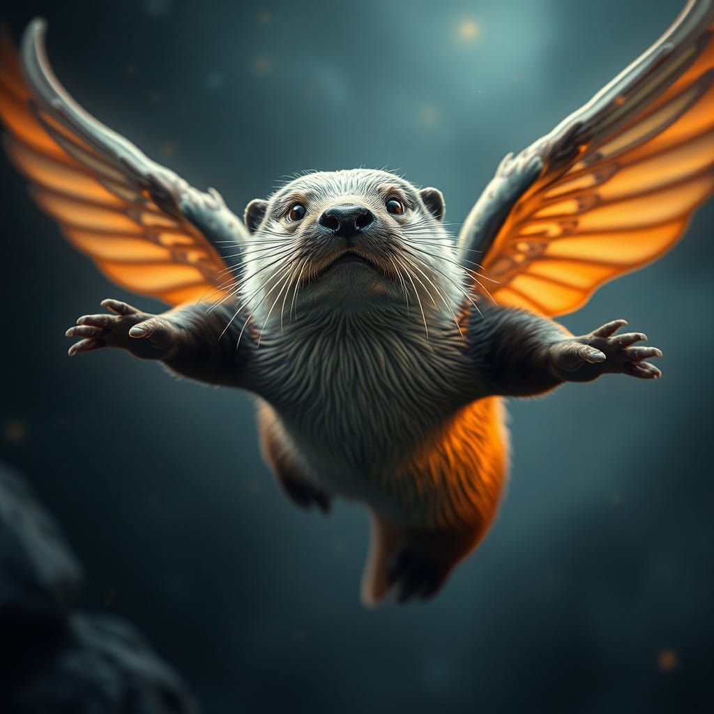 Flying Otter Hero Soars Through Majestic Skies in a Cyberpun...