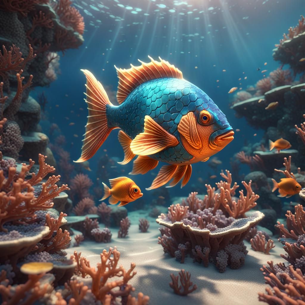 Goldfish with Metal Scales in Ocean Corals