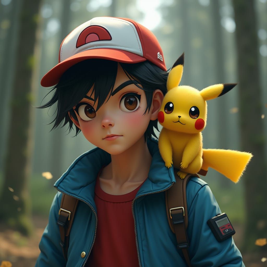 Boy with Pikachu-like Creature in Forest, Photorealistic