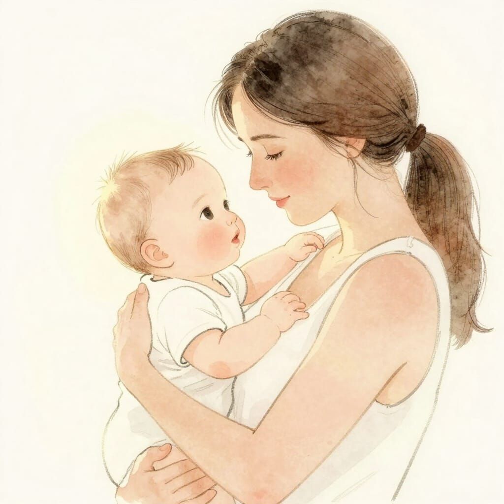 Mother's Love for Infant Son Tender Watercolor Illustration