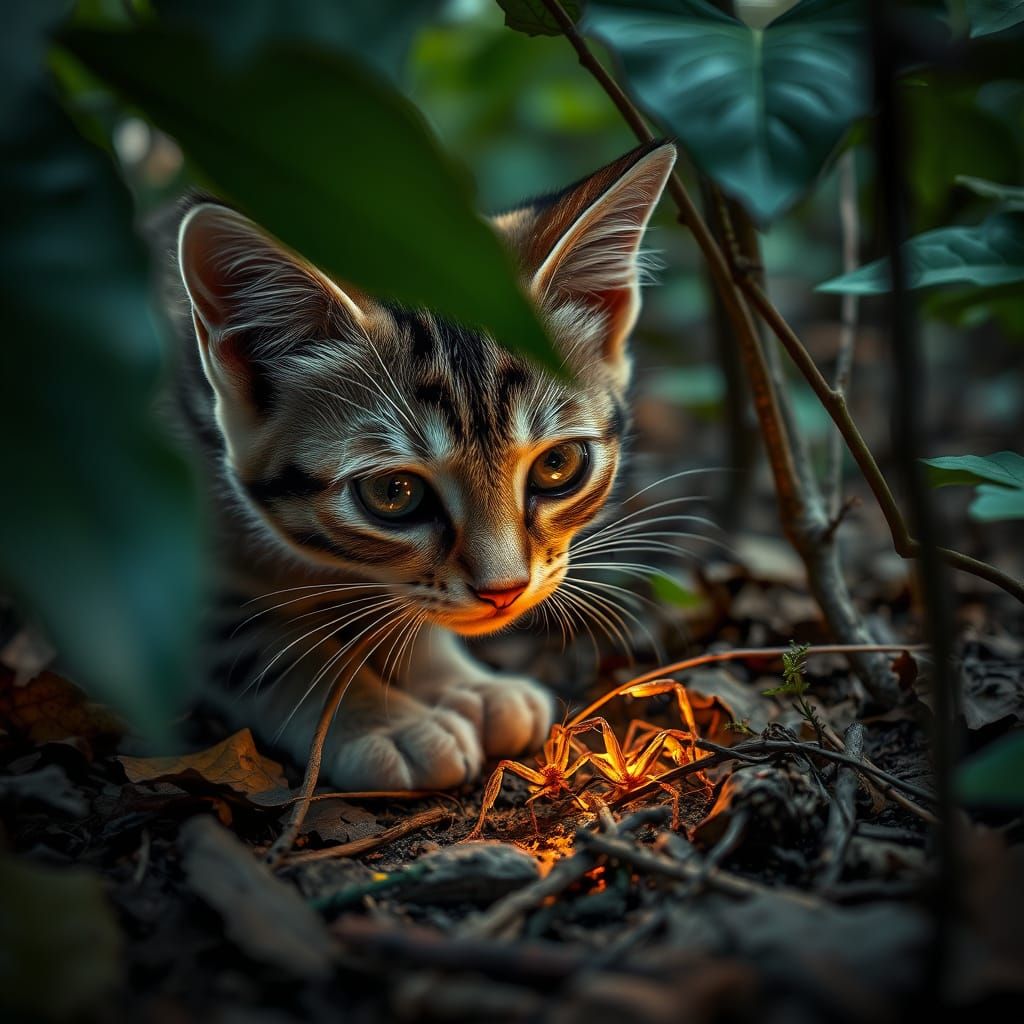 Curious Cat Explores Forest Undergrowth