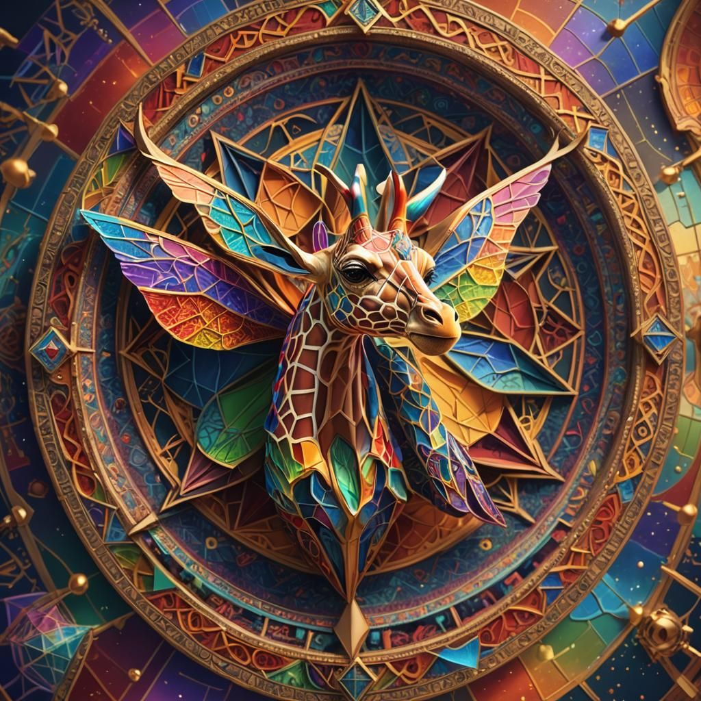 Rainbow Fairy Giraffe on Flying Carpet in Detailed Matte Pai...