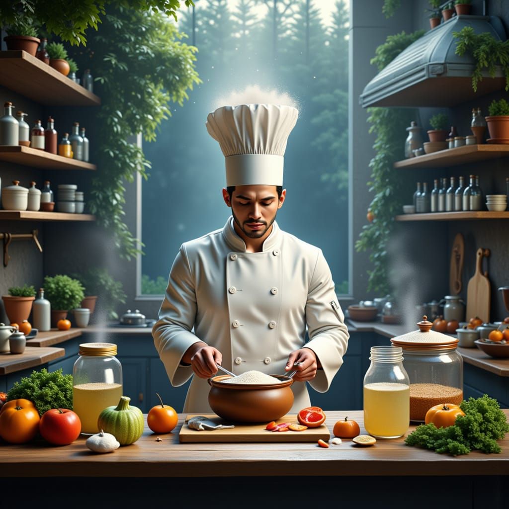 Whimsical Chef in Fantastical Floating Kitchen, Surrealist O...
