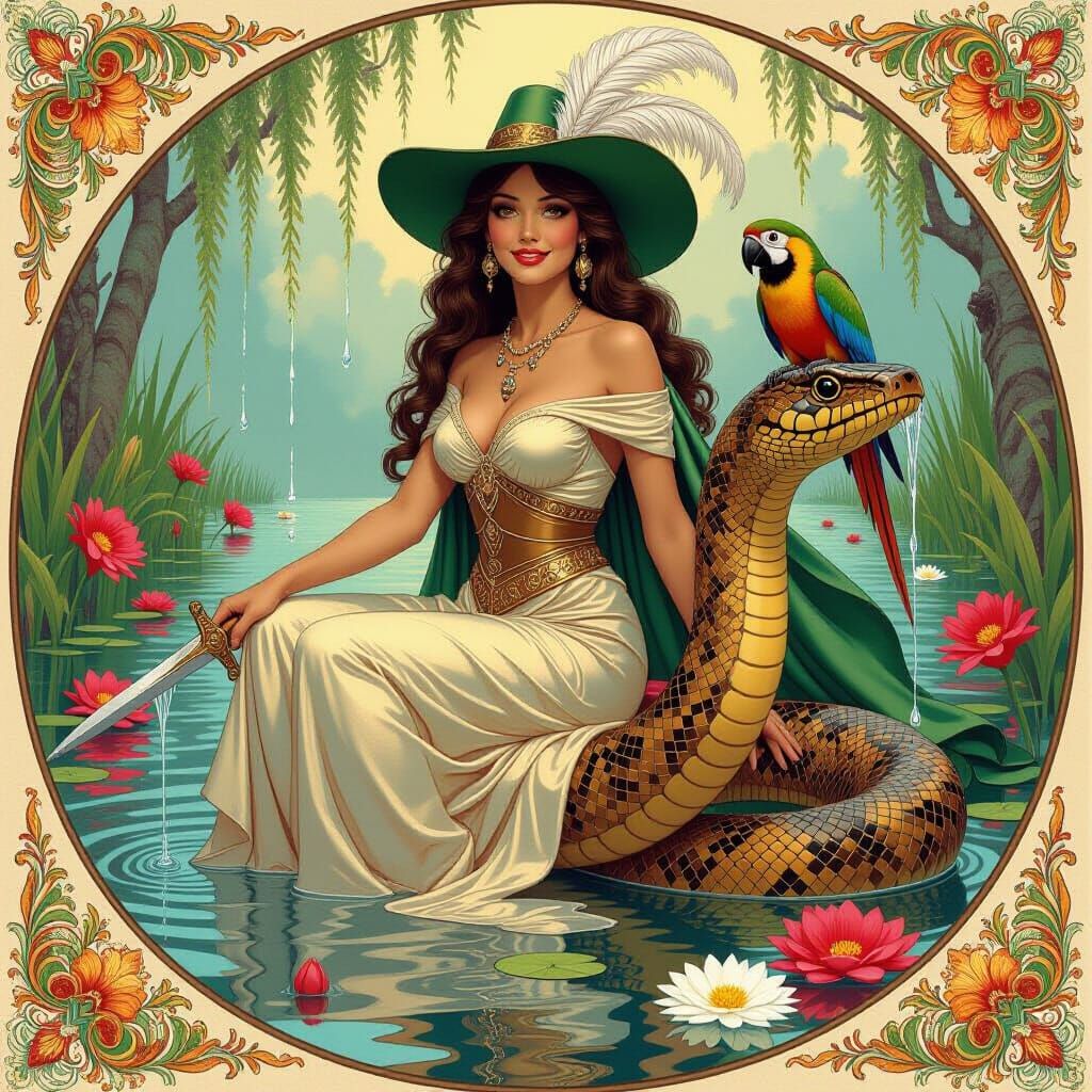 Water Goddess Rides Snake in Art Nouveau Style