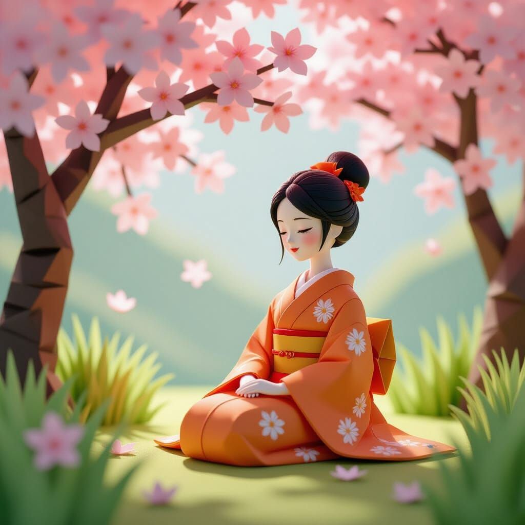 Origami Girl in Kimono Under Cherry Blossoms