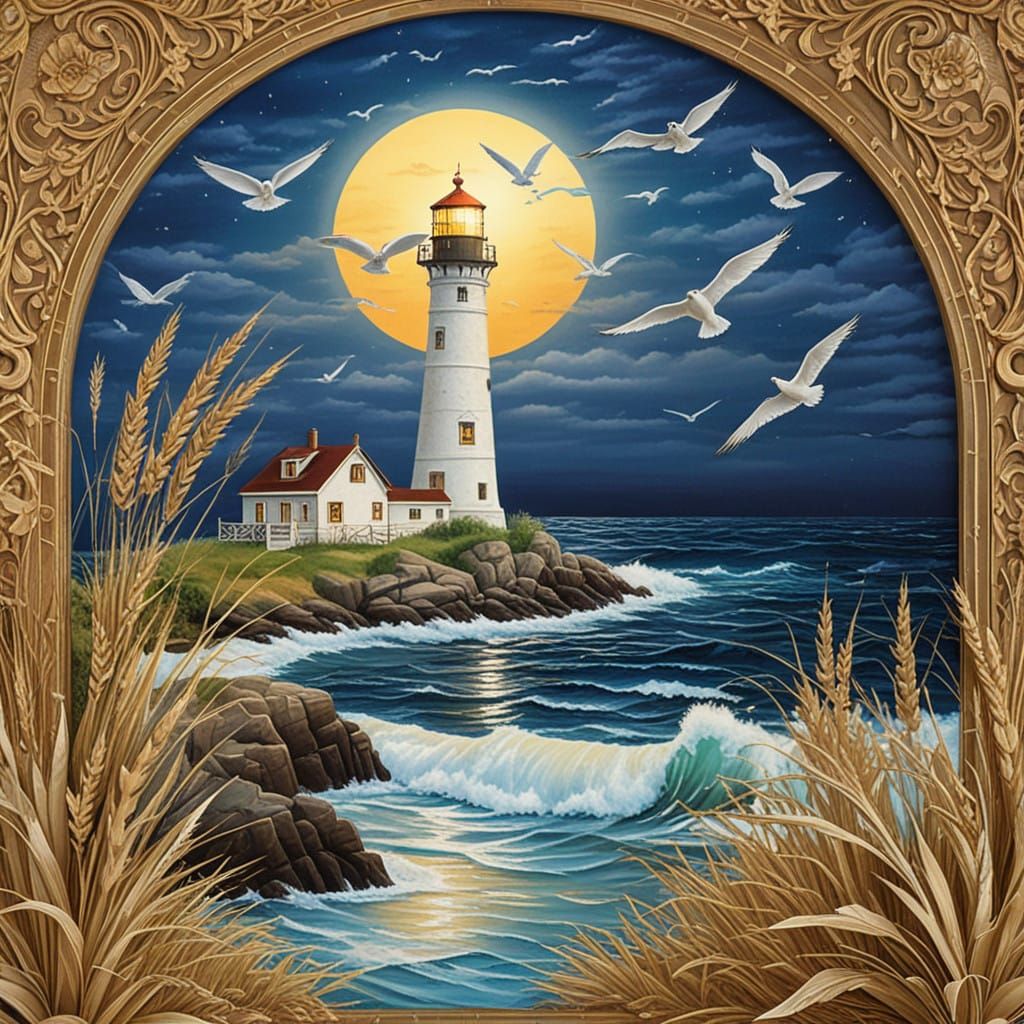 Lighthouse Radiates Serenity in Whimsical Ocean Scene