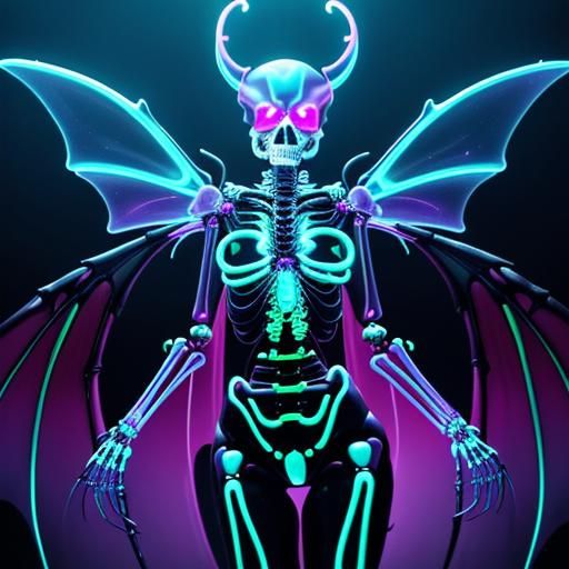 Neon Glass Skeleton Sculpture with Dragons