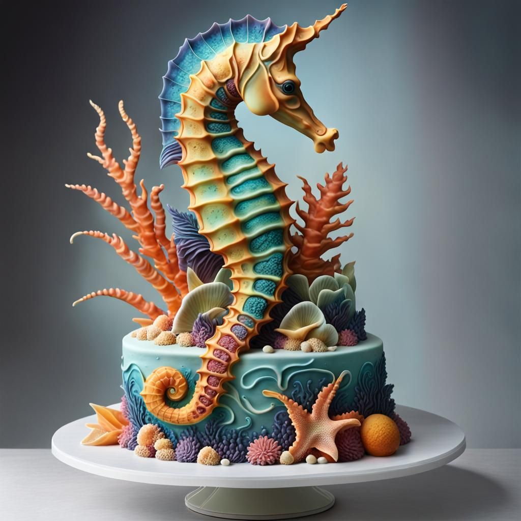 scrumptious cake in the form of a detailed seahorse sculptur...