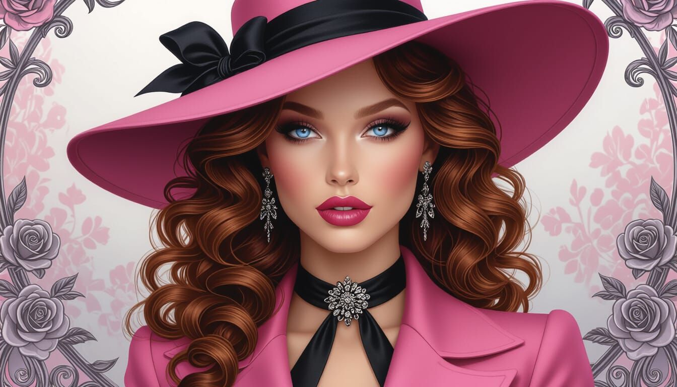 Elegant Woman in Pink Hat, Airbrush Style