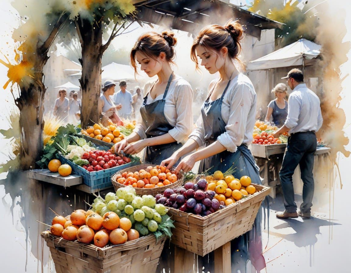 Impressionistic Watercolor Market Scene in Soft, Vibrant Col...
