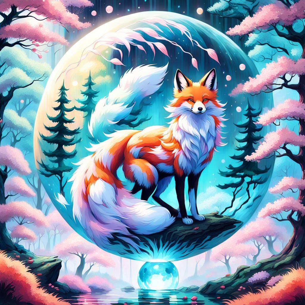 Kitsune Acrobat in Misty Forest Oil Painting