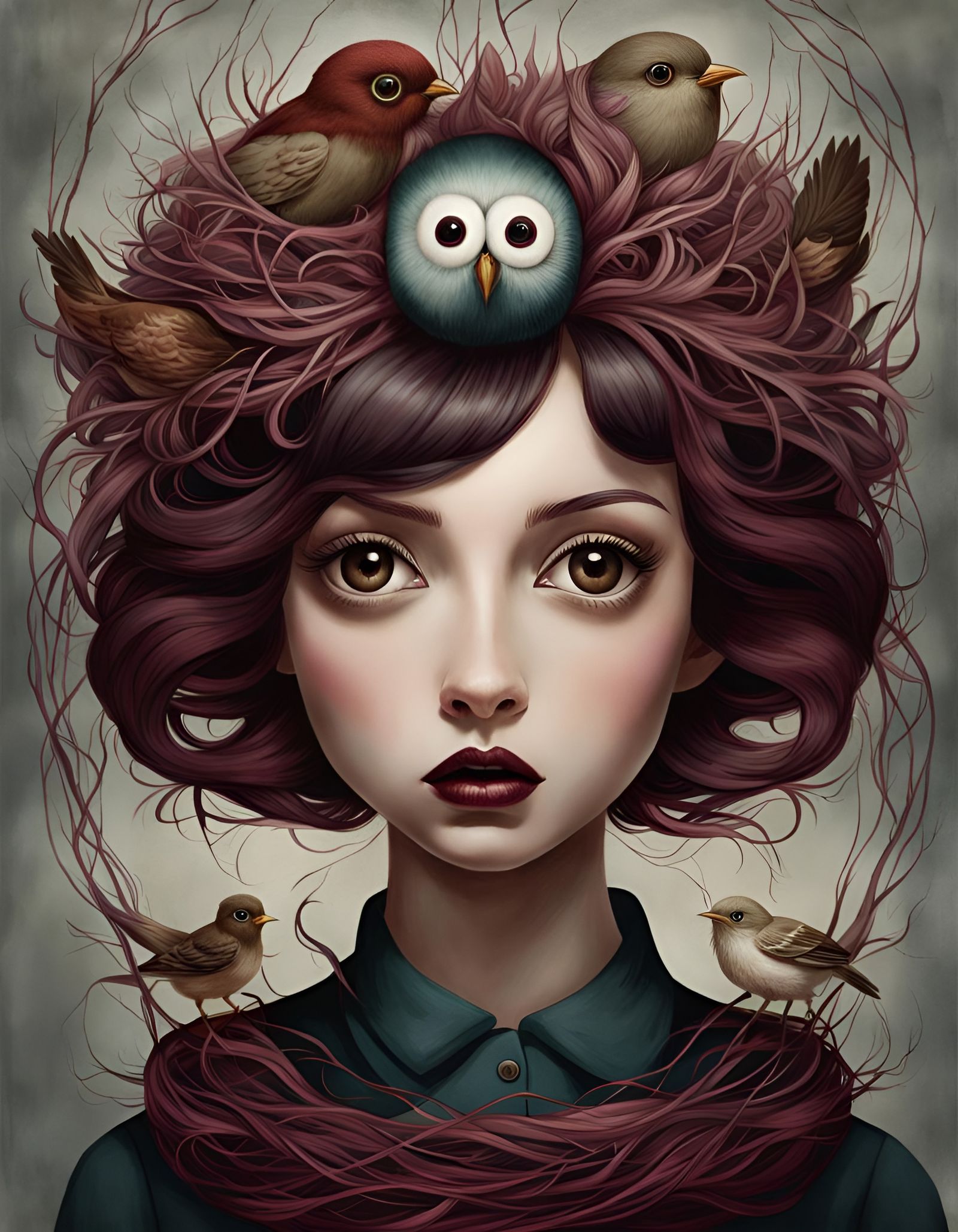 Surreal Girl with Bird's Nest Hair