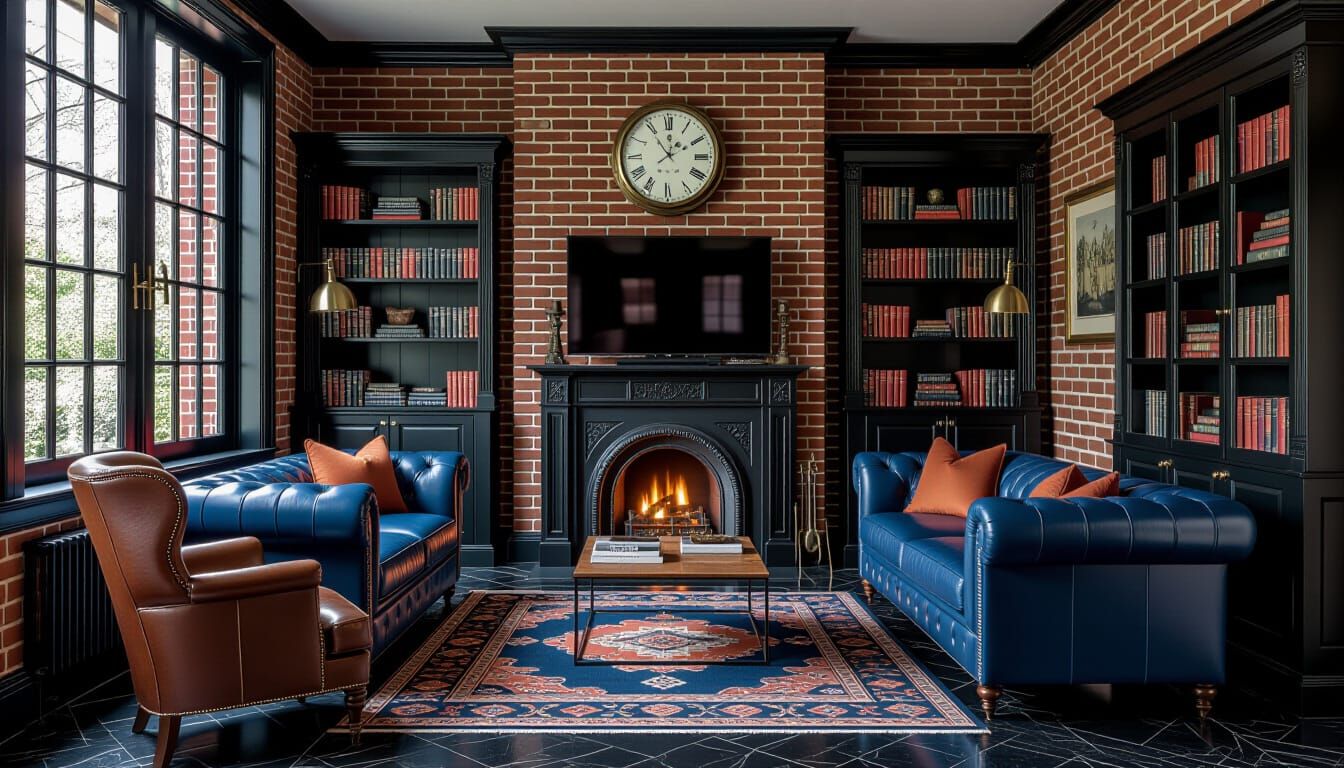 Victorian Living Room with Dark Blue and Brick Accents