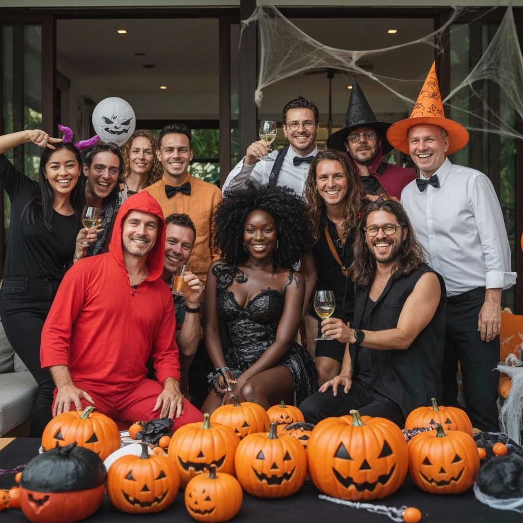 Diverse Halloween Party in Seychelles with Smiling Guests