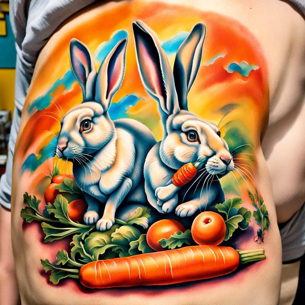 Tattoo of Rabbits Sharing Carrot in Surreal Style