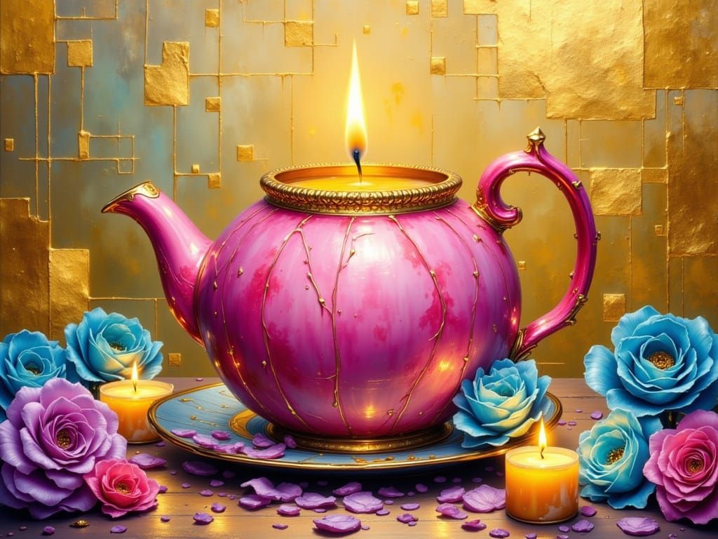 Giant Teapot Candle with Roses and Teacup Candles