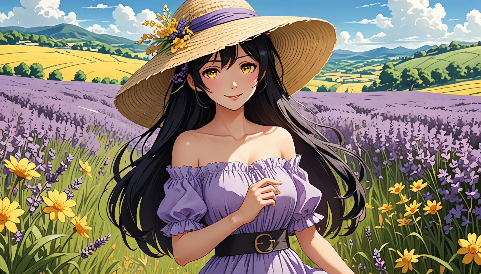 Anime Woman in Lavender Dress and Straw Hat