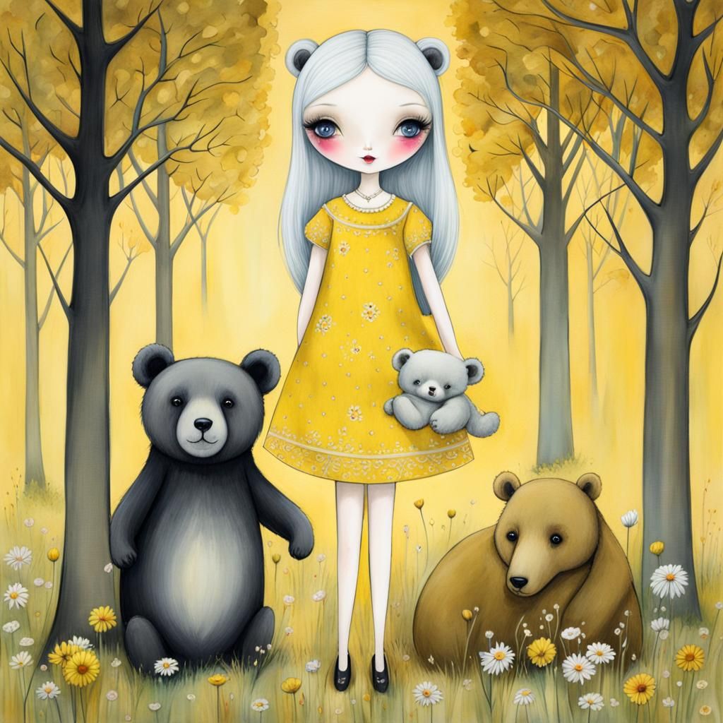 Porcelain Doll and Teddy Bear Run Through Wheat Field