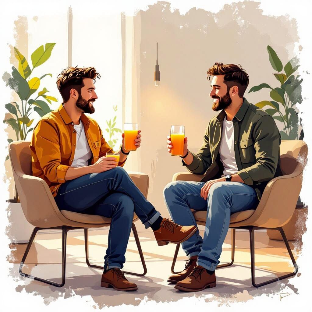 Men Chatting Over Orange Juice: Warm Illustration