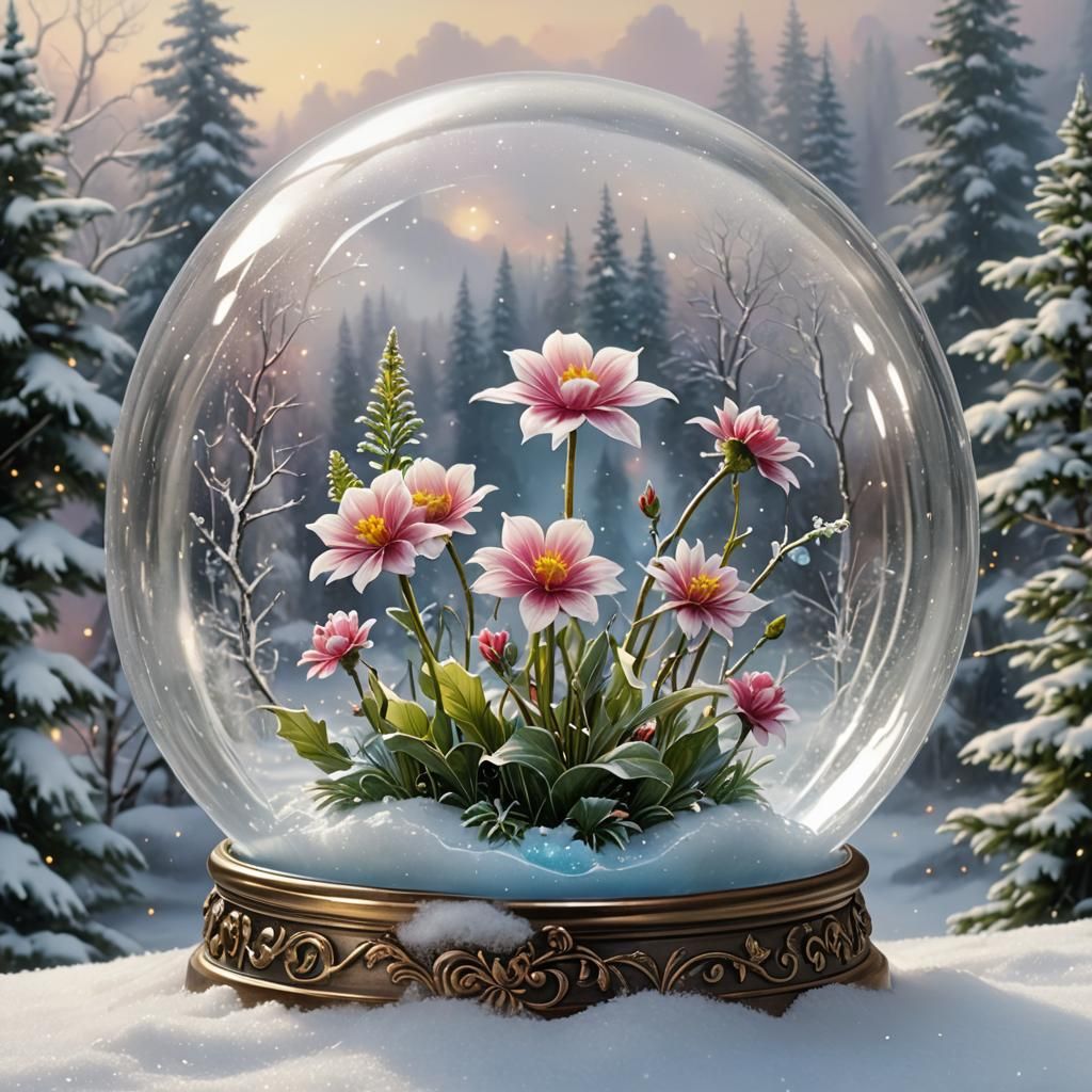 A glass crystal clear flower in a snow globe during snow tim...