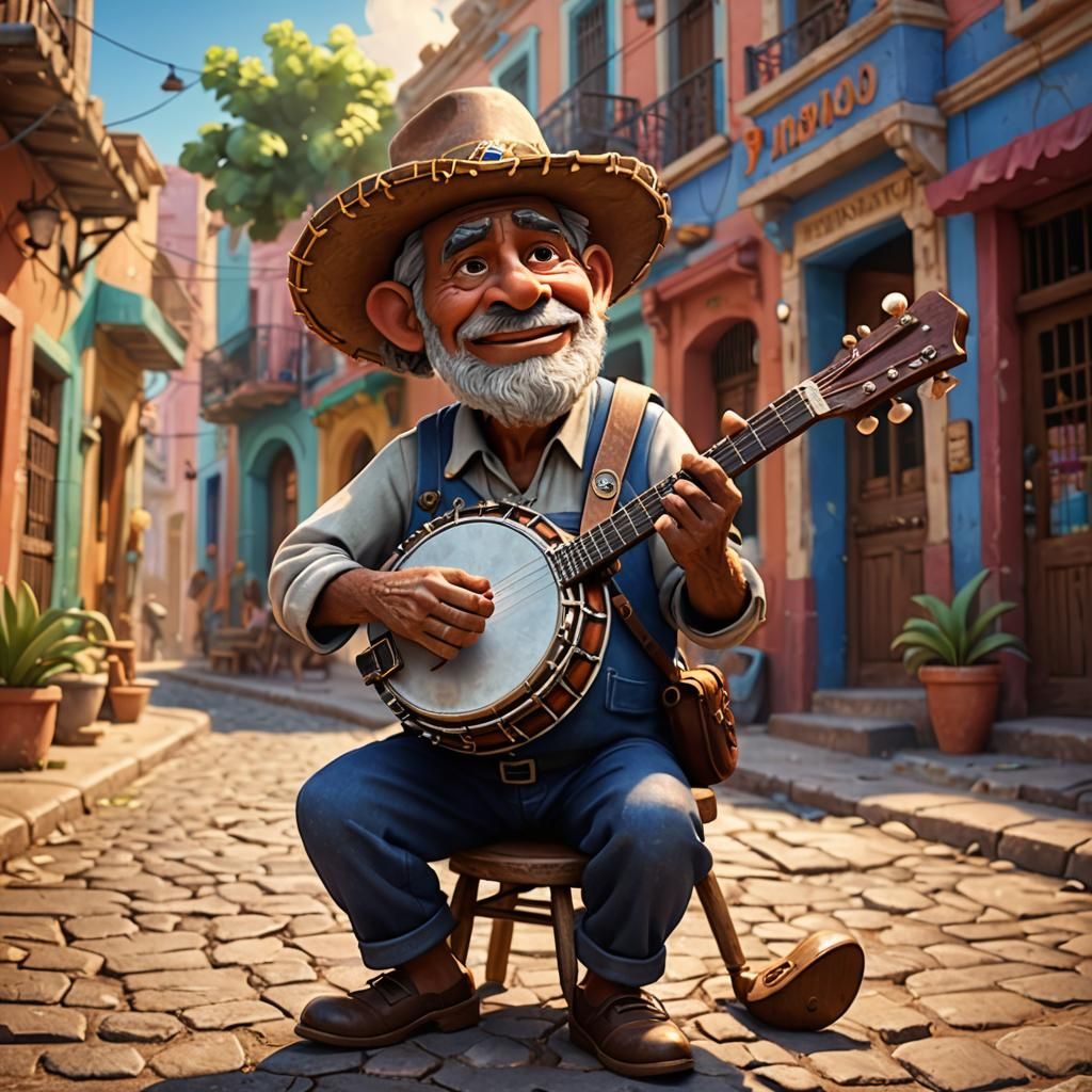 Puerto Rican Old Man Playing Banjo as 3D Art