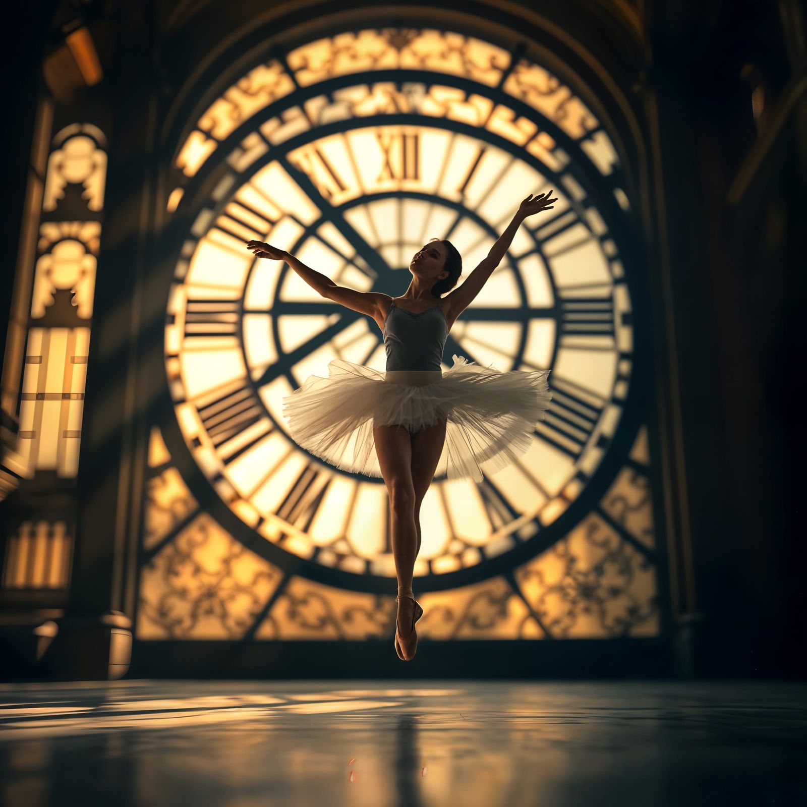 Ballerina Dances Before Orsay Clock in Cinematic HDR