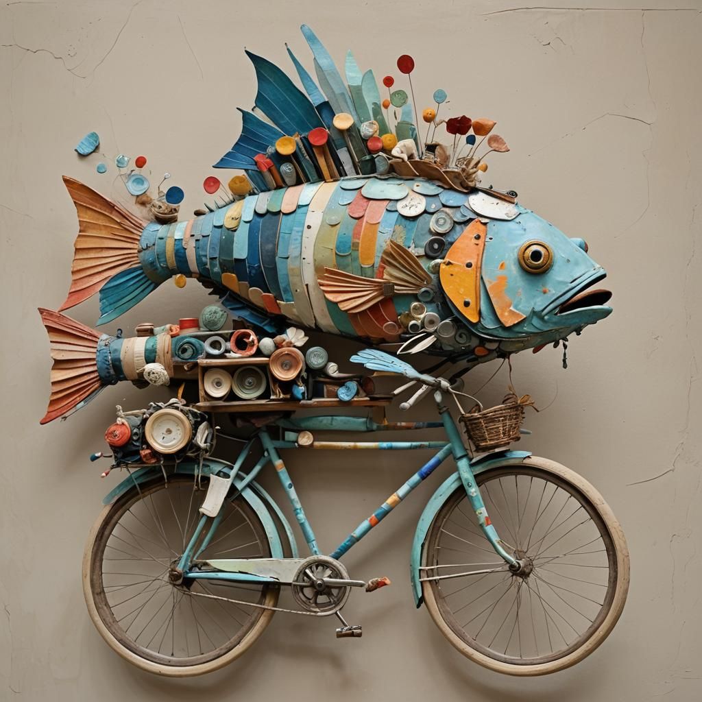 Fish Rides Bicycle Sculpture Made of Found Objects