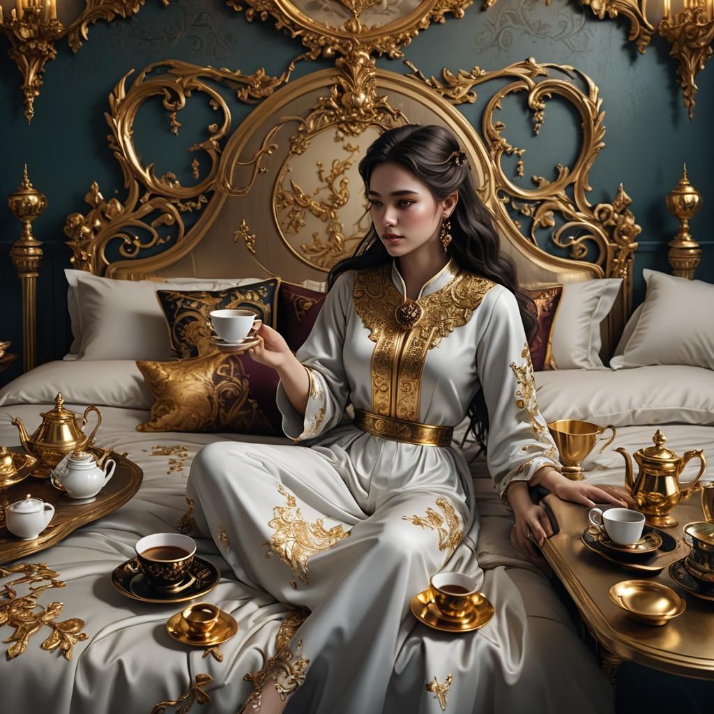 Gilded Porcelain Coffee Set with Girl: Detailed Matte Painti...