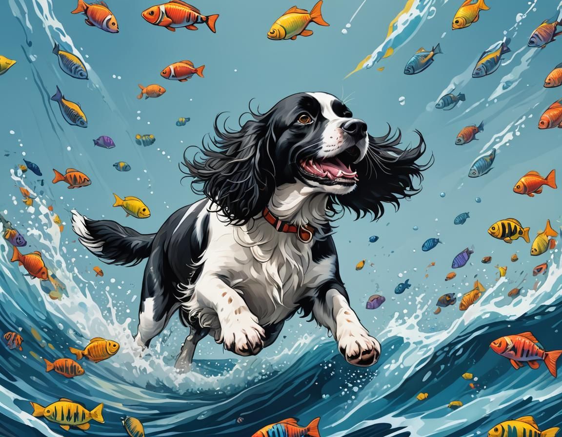 Dog's Joyful Dive into Azure Ocean Illustration