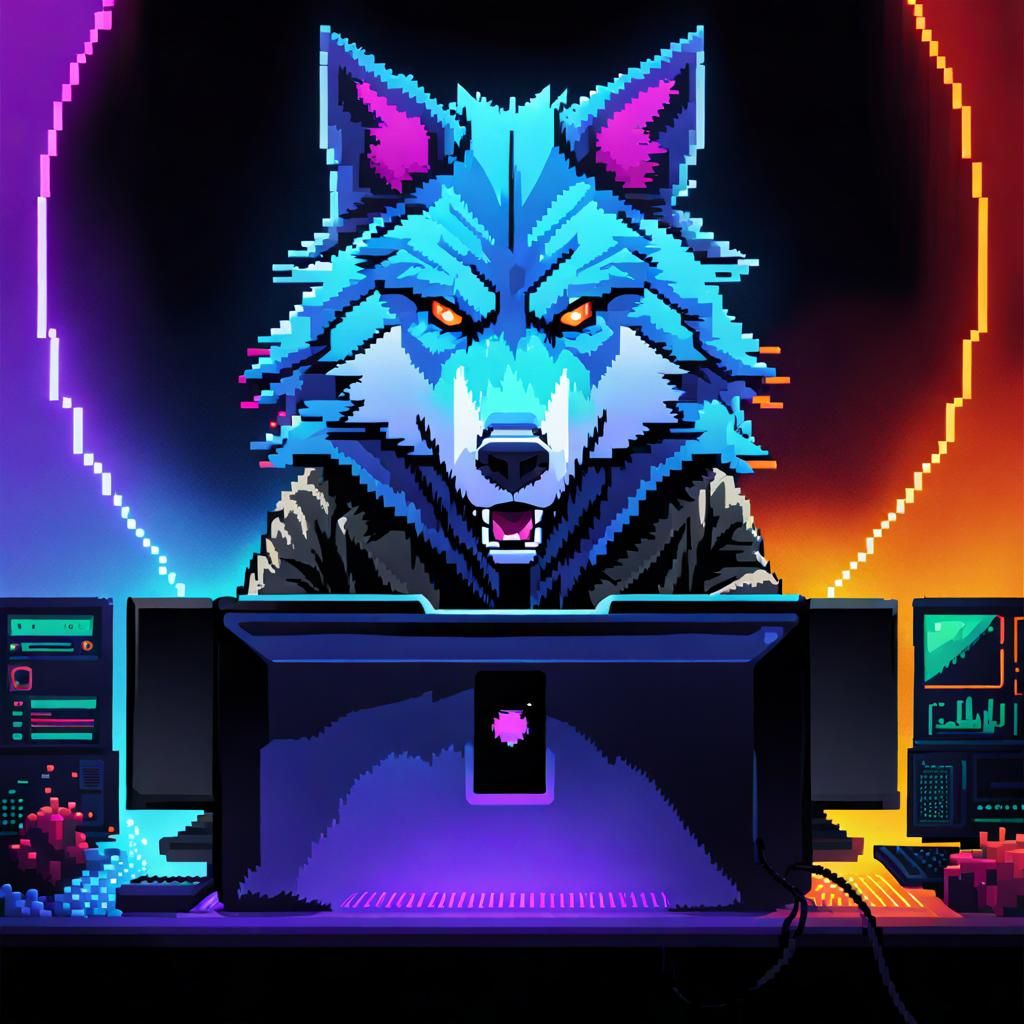 Werewolf Hacker in Pixel Art Neon Explosion