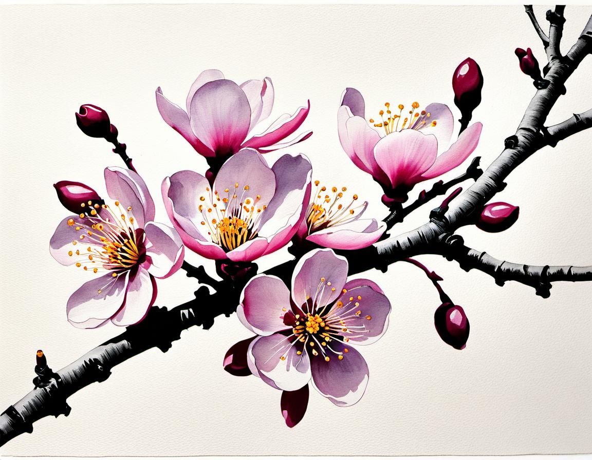 Botanical Ink Drawings - Plum Blossoms Bloom in March.