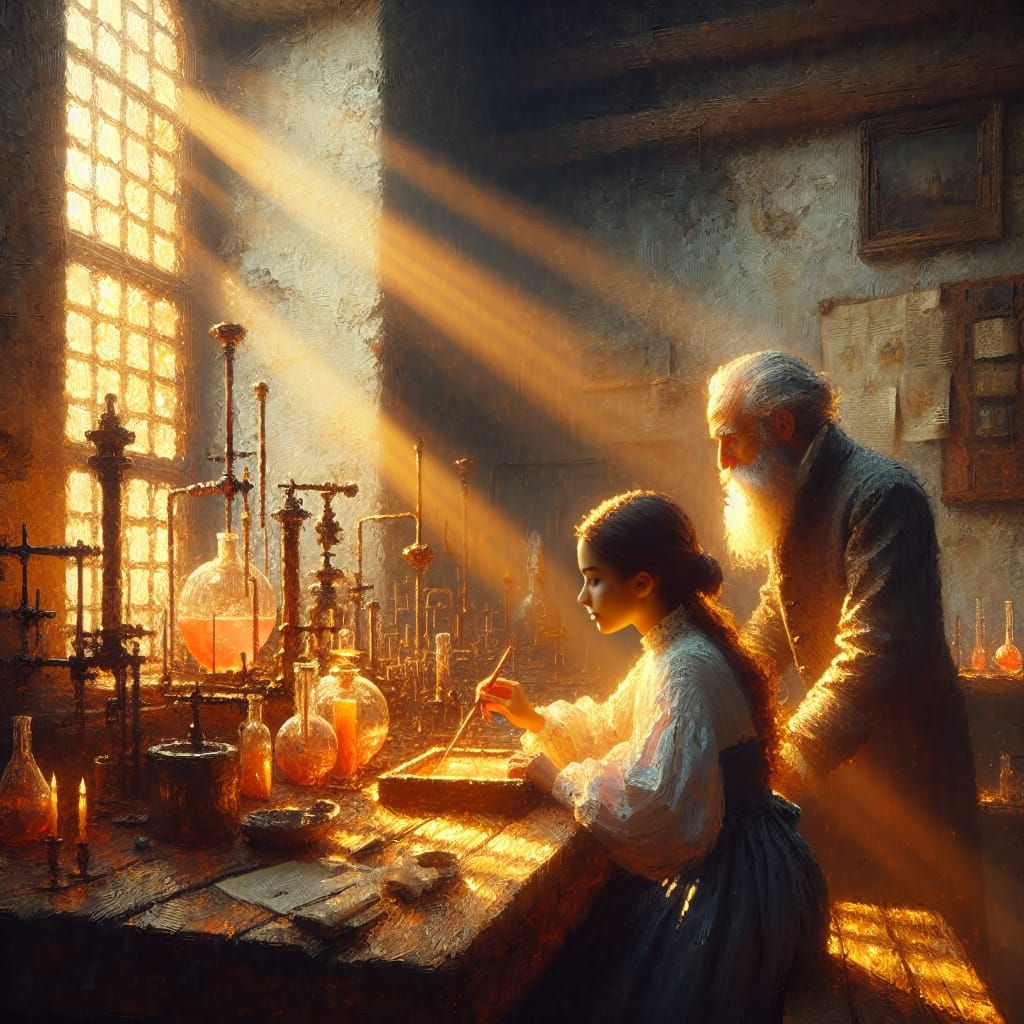 Golden Hour in Alchemist's Studio as Impasto Painting