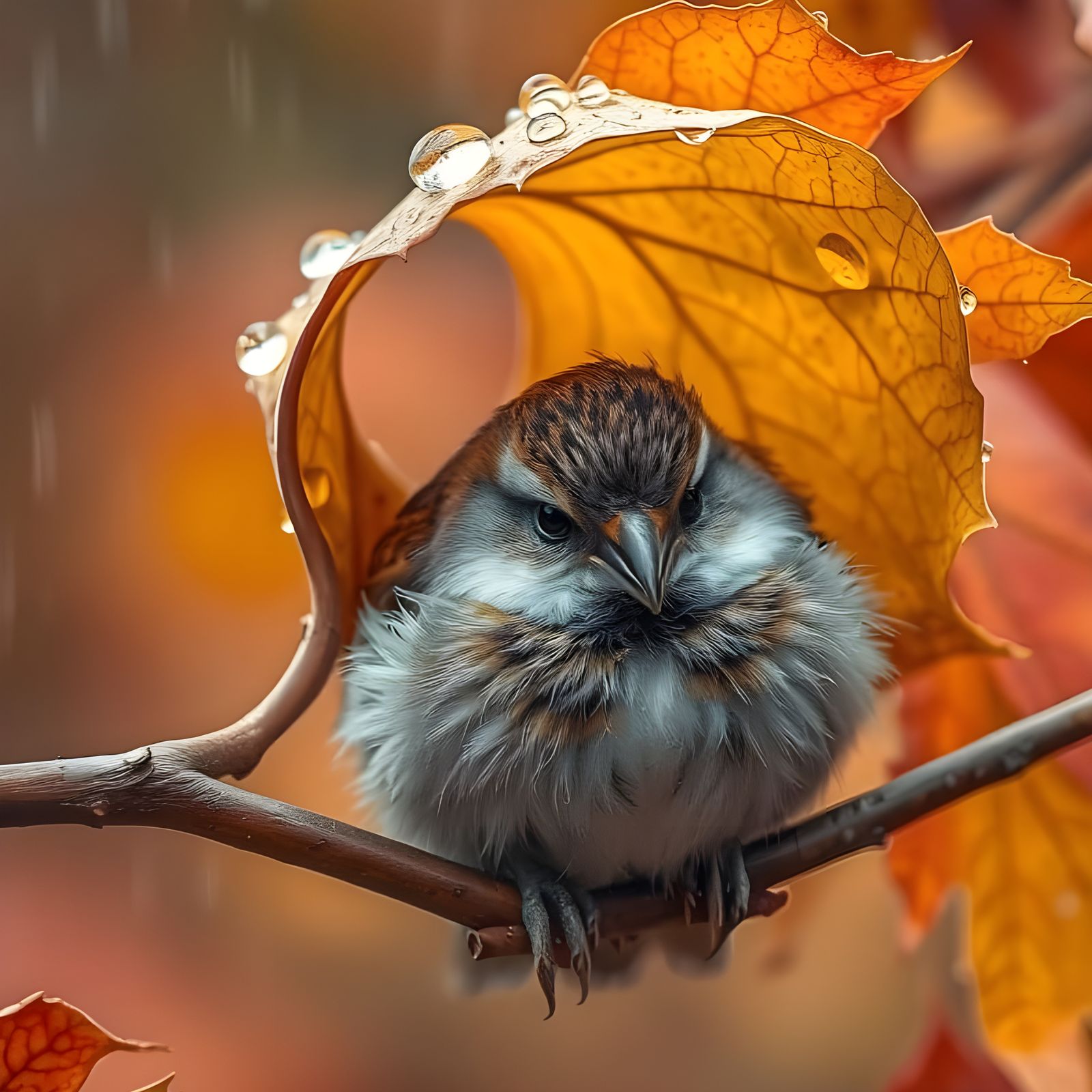 Bird Takes Refuge from Heavy Rain in Fall Landscape
