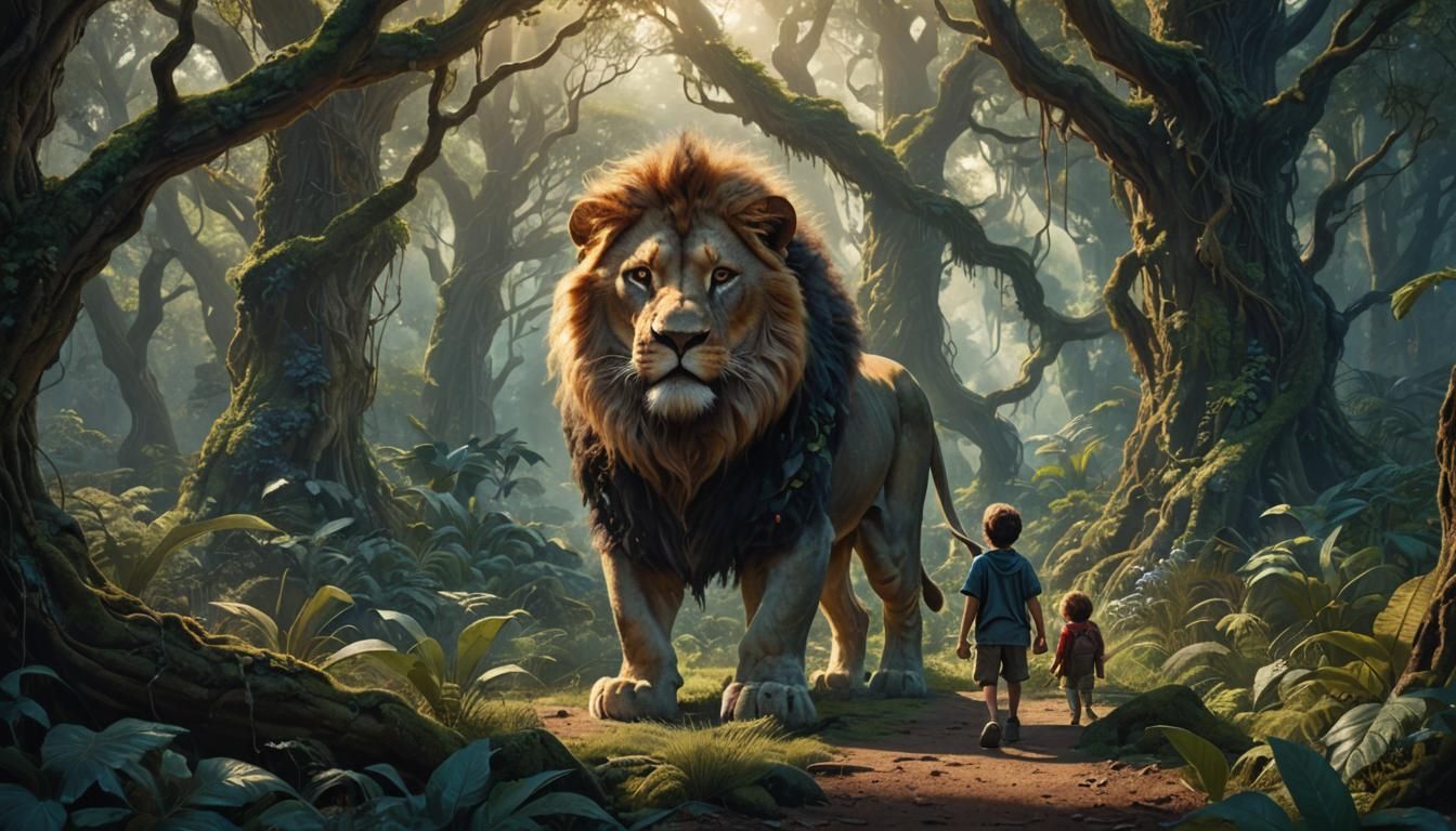 Lion and Boy in Mystical Forest, Fantasy Art